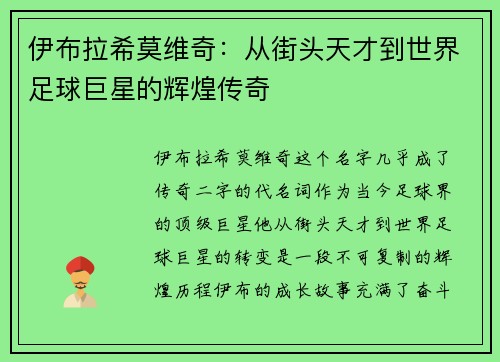 伊布拉希莫维奇：从街头天才到世界足球巨星的辉煌传奇