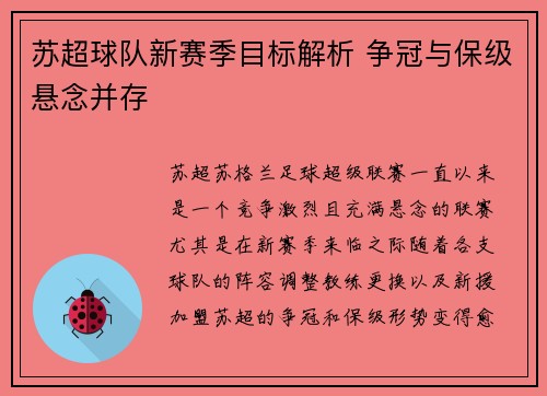 苏超球队新赛季目标解析 争冠与保级悬念并存